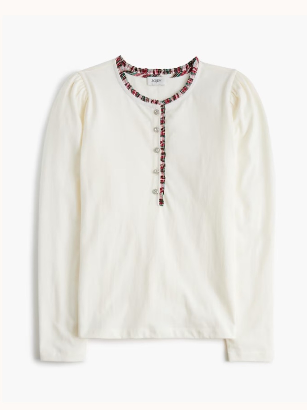 J. Crew Womens Long-sleeve Tartan & Jewels Henley Top Plaid Trim Ivory Size XS